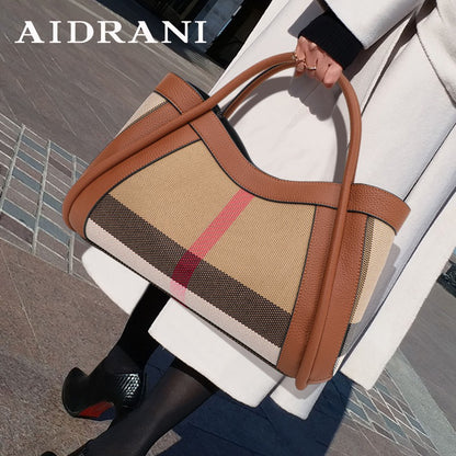 Aidrani  2025 New retro checkered women's handbag, large capacity luxury bag, canvas genuine leather bag