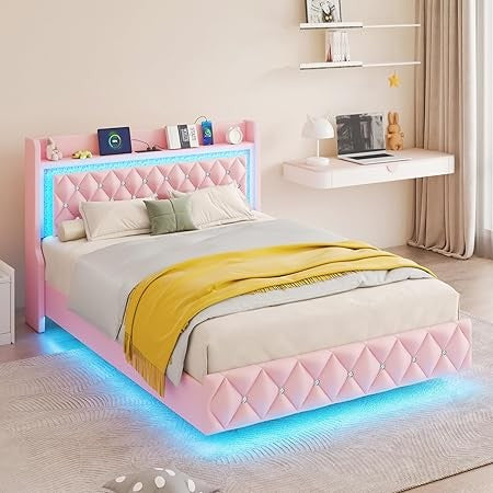 Estrutura de Cama Queen Flutuante com Luz LED, Cama Queen Estofada Plataforma com Estação de Carregamento e Encosto de Asa, Armazenamento Acolchoado com Diamantes