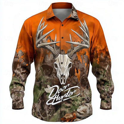 Retro Men's 3D Reindeer Print Shirt Men's Long-sleeved Shirt Breathable Casual Button Loose Top Ethnic Retro Lapel Shirt