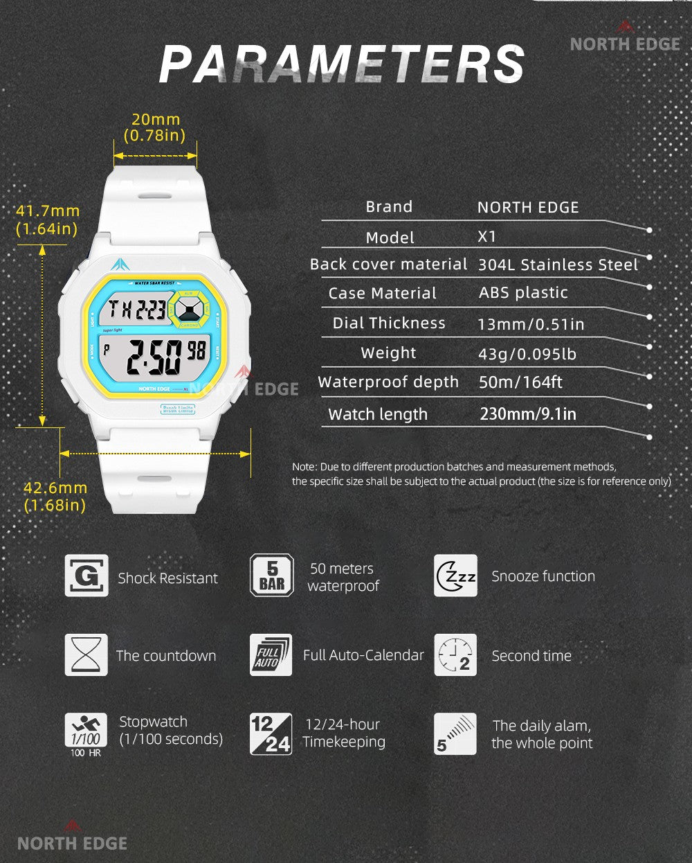 NORTH EDGE X1 Square Screen Digital Watch 2025 Men Women Sportswatch Waterproof 50M Stopwatch Countdown Alarm Clock Reloj Hombre