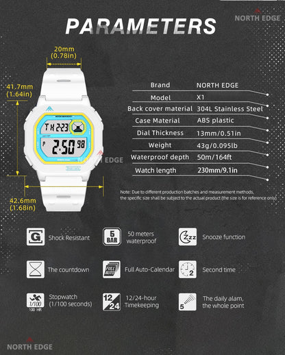 NORTH EDGE X1 Square Screen Digital Watch 2025 Men Women Sportswatch Waterproof 50M Stopwatch Countdown Alarm Clock Reloj Hombre