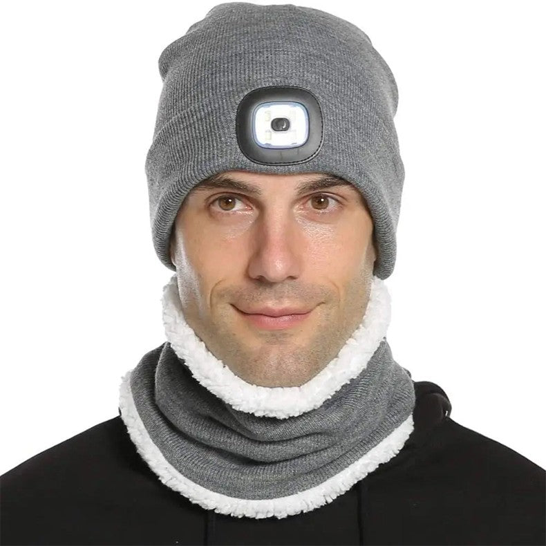 Chapéu de Malha com Luz LED Quente Elástico Gorro Outono Inverno Esportes ao Ar Livre Pesca Noturna Caminhada Camping Boné Luminoso Unissex com Farol