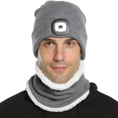 Chapéu de Malha com Luz LED Quente Elástico Gorro Outono Inverno Esportes ao Ar Livre Pesca Noturna Caminhada Camping Boné Luminoso Unissex com Farol