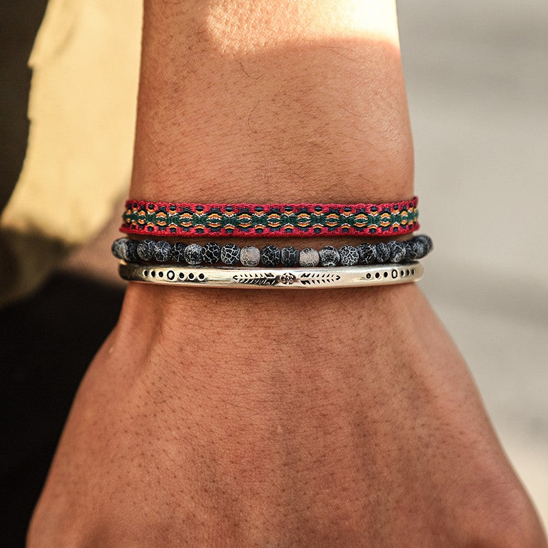 Pulseira Tibetana de Buda com Corrente de Corda Azul, Pedra Natural Envelhecida, Contas, Para Homens, 3 Peças/Conjunto, Banhada a Prata, Ajustável, Joia de Presente