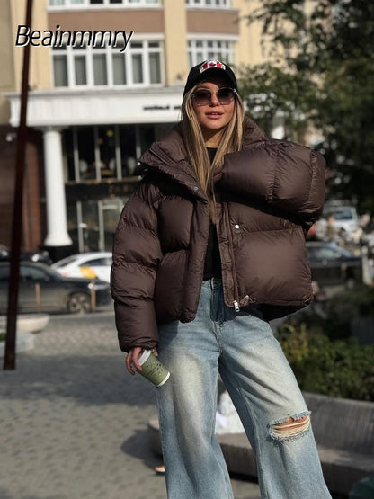 Women Brown Hooded Cotton Coat Fashion Lapel Full Sleeve Zipper Button Warm Loose Short Coats Lady Winter Casual Street Outwear