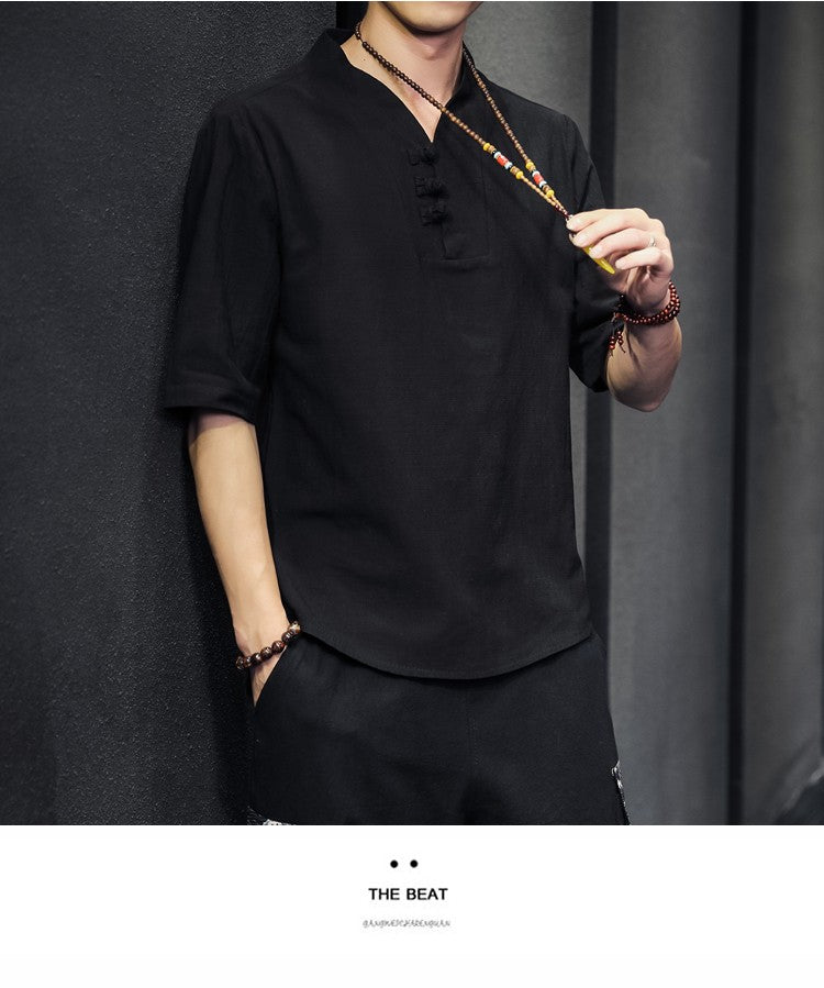 2023 Men Summer Cotton Linen Tang Shirt Men Chinese Style Button Short-Sleeved Shirts Male Blouse Vintage Kung Fu Hawaiian Shirt