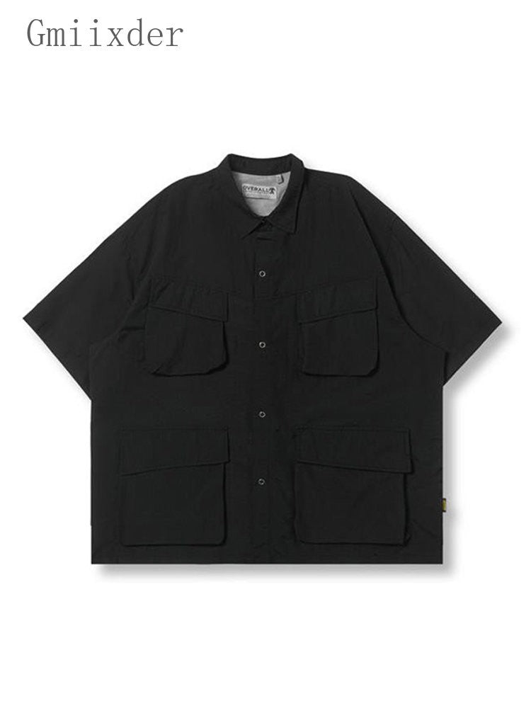 Gmiixder Multi Pocket Lapel Shirt Loose Workwear Short Sleeve Button Blouse Men Women Vintage CityBoy Japan Premium Cargo Shirt