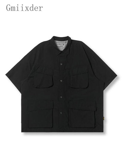 Gmiixder Multi Pocket Lapel Shirt Loose Workwear Short Sleeve Button Blouse Men Women Vintage CityBoy Japan Premium Cargo Shirt