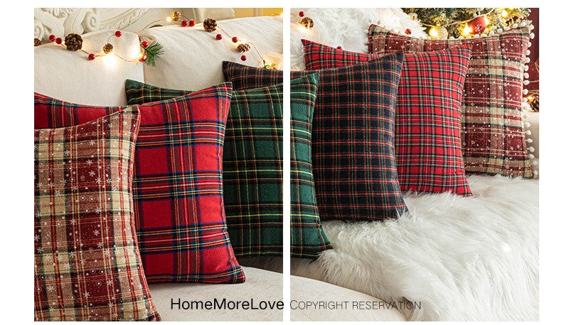 Home Christmas Decor Plaid Cushion Covers Red Checkered Polyester Cotton Xmas Ornament Snowflake Throw Pillowcase Decorative