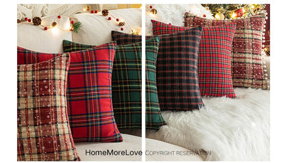 Home Christmas Decor Plaid Cushion Covers Red Checkered Polyester Cotton Xmas Ornament Snowflake Throw Pillowcase Decorative