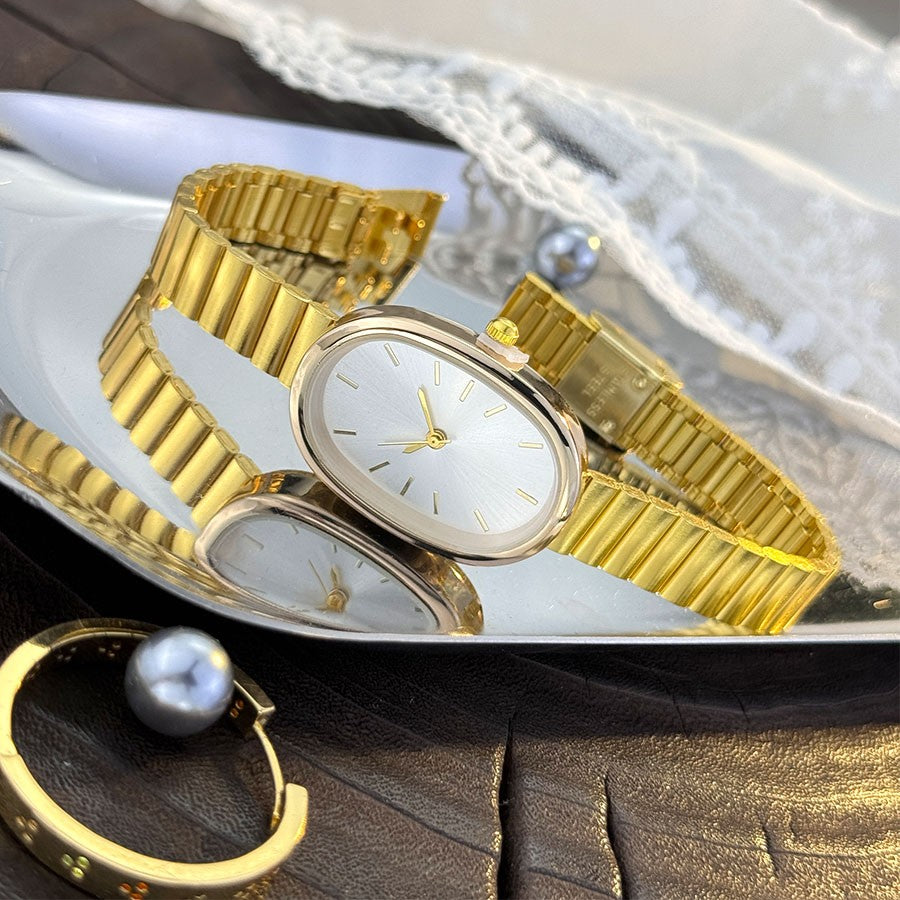 New Golden Retro Fashion Elliptical Quartz Watch Ladies Steel Strap Gold Watch Stylish Niche Timepiece