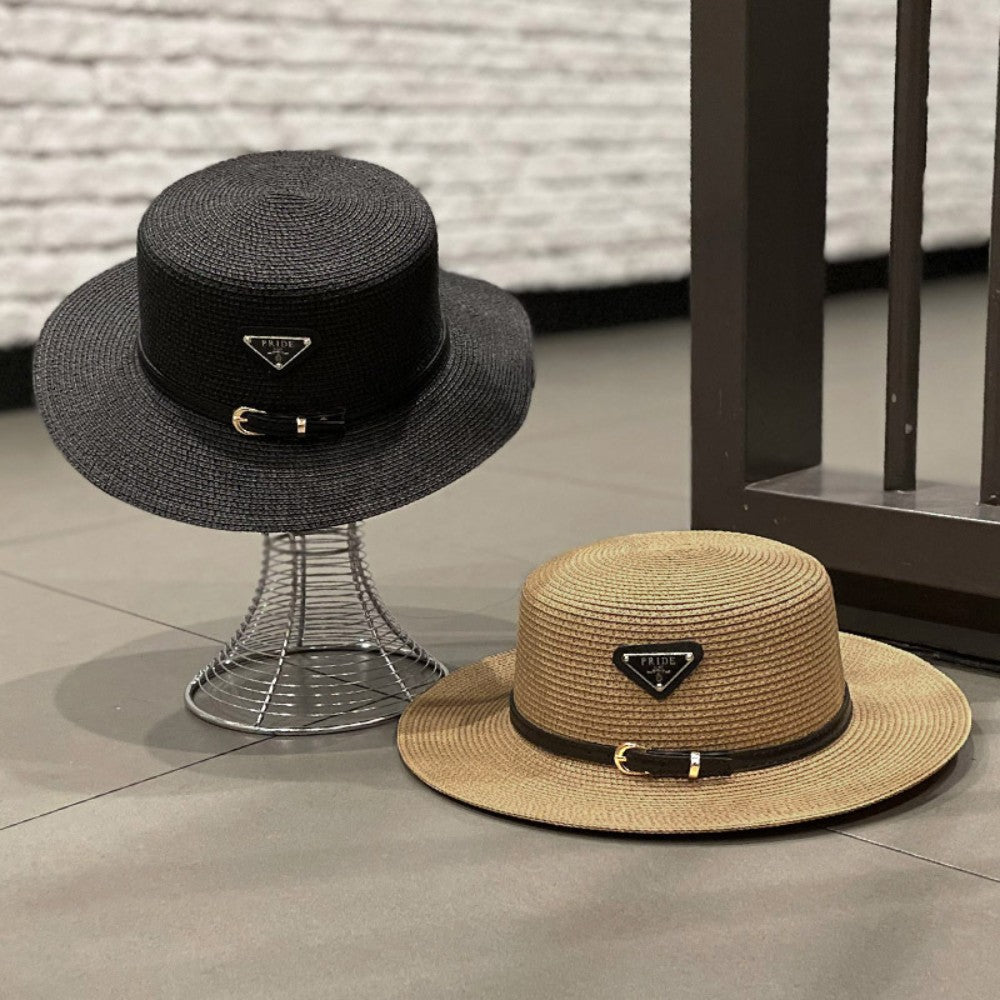 Straw Sun Hat for Children Kids Triangular Metal Logo Woven Beach Hat Spring Summer Fashion Vacation Sun Protection Wide Brim