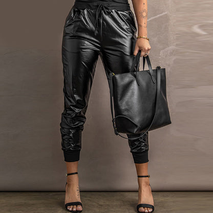 Women  Leather Drawstring Pocket Design Mid Waist Loose Elastic Black Solid Color Long Pants