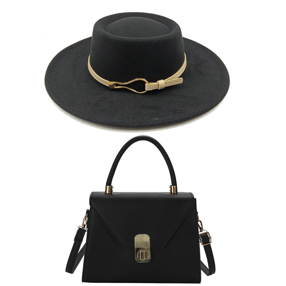 Acessórios femininos de fivela de couro metal com chapéu de feltro de pele com top côncavo e convexo, chapéu fedora e conjunto de bolsa combinando, estilo retrô