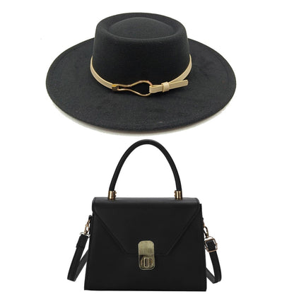 Acessórios femininos de fivela de couro metal com chapéu de feltro de pele com top côncavo e convexo, chapéu fedora e conjunto de bolsa combinando, estilo retrô