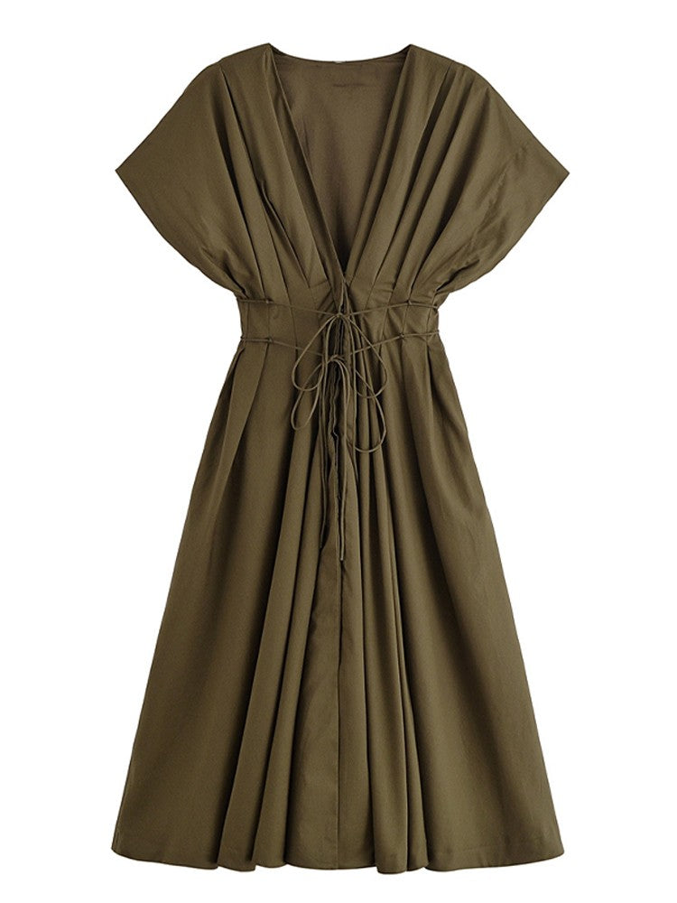 Summer Pleated A-line Midi Dress Women's Casual Lace Up Loose High Waist Solid R