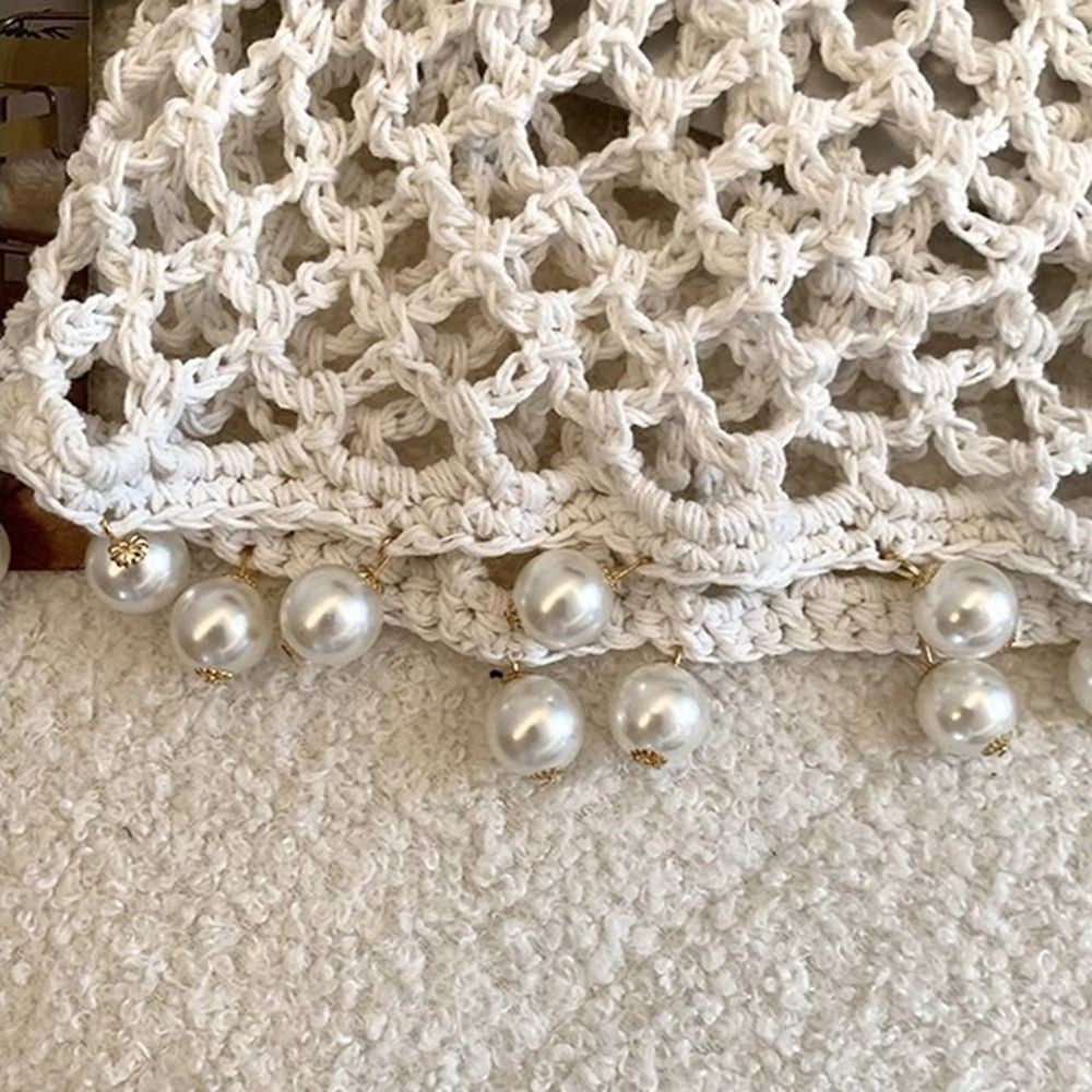 Fashion Round Beads Knitted Hat Crochet Pearl Fringed Woven for Women Travel Versatile Hollow Breathable Retro Beanies Cap