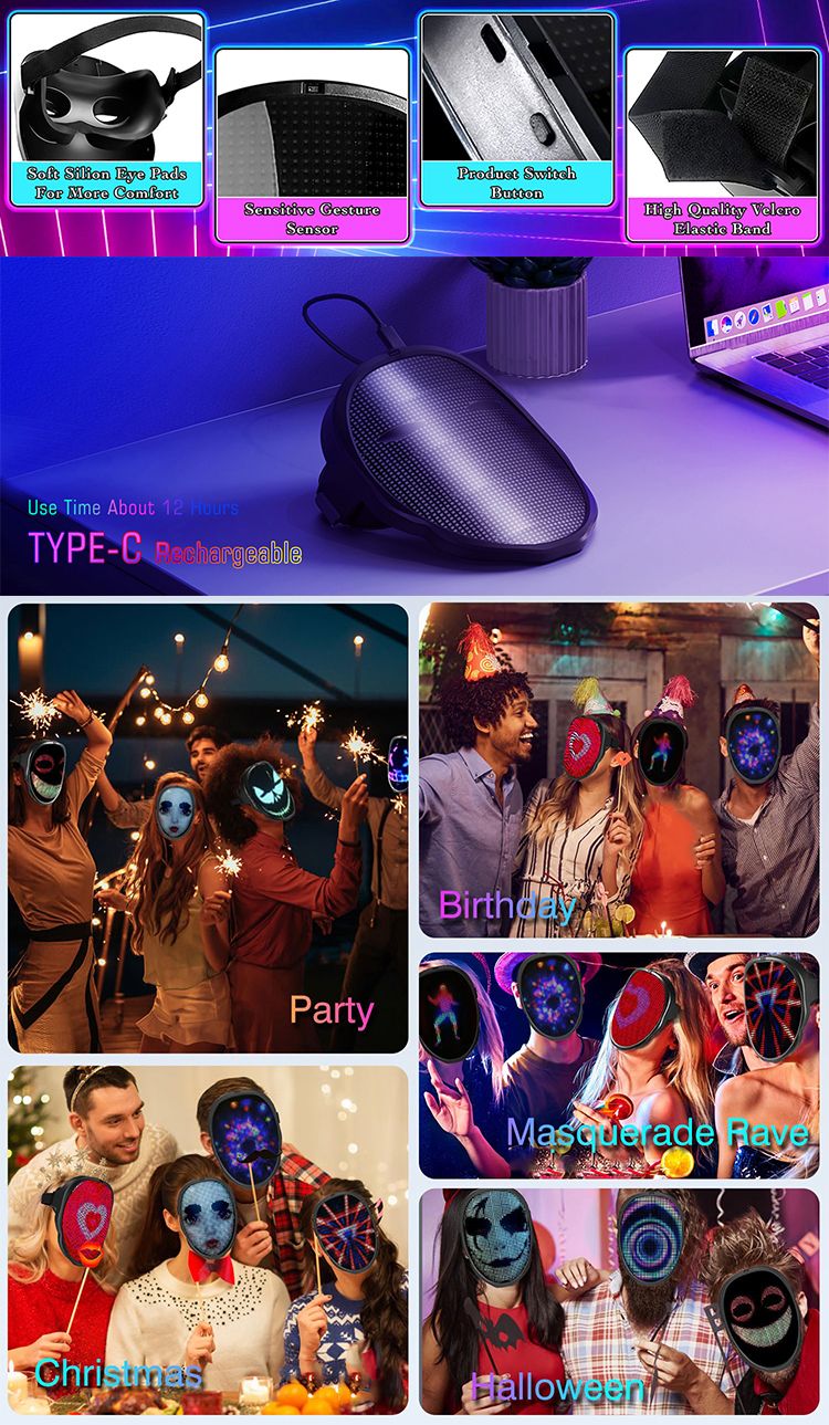 Led Mask with Bluetooth App Control Programmable Face Transforming Light up Halloween Led Mask