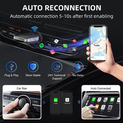 2-in-1 Wired to Wireless CarPlay Adapter & Android Auto Wireless Adapter Bluetooth Dongle Plug And Play USB-A/C for (2016+ Cars)