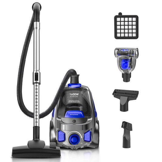 32KPA 1600W Bagless Canister Vacuum Cleaner,H13 HEPA Filter,3.7Qt Large Capacity,Corded Vacuum for Hard Floor, Carpet, Pet Hair