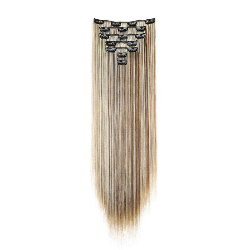 Aplique de Cabelo Sintético Liso Longo 24 Polegadas 7 Peças/Conjunto 16 Clipes Penteado Preto Loiro Extensões de Cabelo