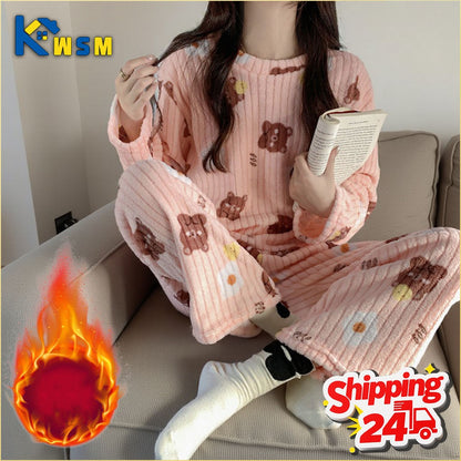 Autumn and Winter Coral Fleece Pajamas Set for Women Warm Lined  Loungewear Cozy Home Sleepwear Christmas Gift