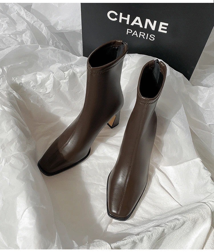 Autumn and Winter New Brown Short Boots with Velvet Coarse Heel French Ankle Boots and Back Zipper Square Head Boots