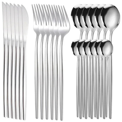 Conjunto de Talheres 24 Peças Aço Inoxidável Preto Dourado Faca Garfo Colher Talheres Ocidentais Prata Utensílios de Mesa
