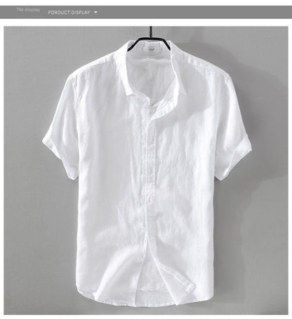 100% Linen Short Sleeve Shirt Men Cotton Linen Clothing Top Casual Summer Half Sleeve Shirt Loose Style Square Collar