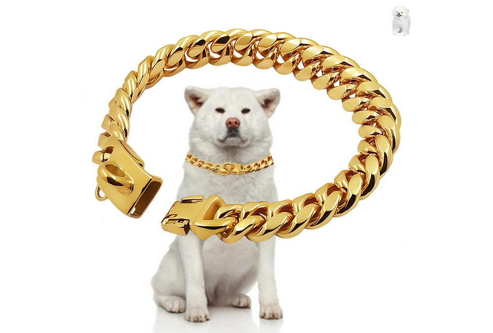 Coleira de Metal para Cães Aço Inoxidável Choker para Pets Corrente Cubana Dourada 14mm de Largura Guia para Cães Pequenos, Médios e Grandes Acessórios para Pets