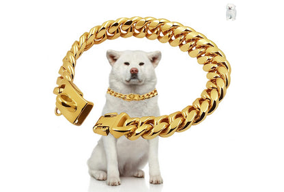 Coleira de Metal para Cães Aço Inoxidável Choker para Pets Corrente Cubana Dourada 14mm de Largura Guia para Cães Pequenos, Médios e Grandes Acessórios para Pets