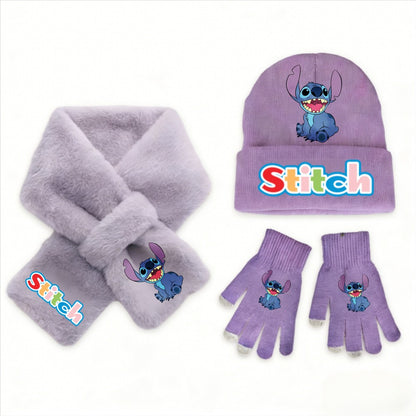 Conjunto de 3 peças de chapéu, cachecol e luvas de malha de inverno Stitch Disney Kawaii quente para meninas Acessórios casuais de moda infantil presente de Natal perfeito