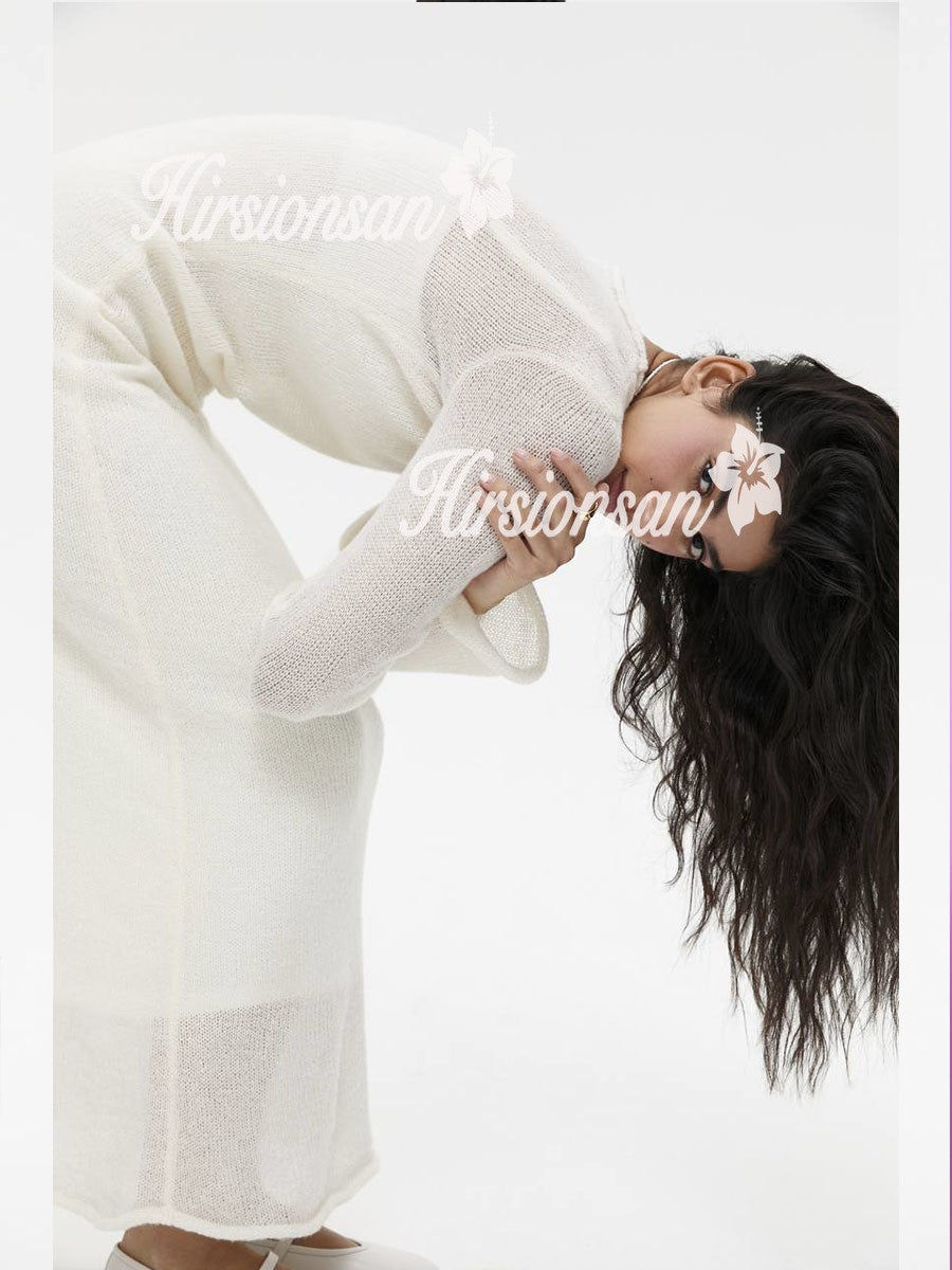 Hirsionsan Spring Autumn O-Neck Elastic Knit Long Dresses Women 2024 Elegant Chi