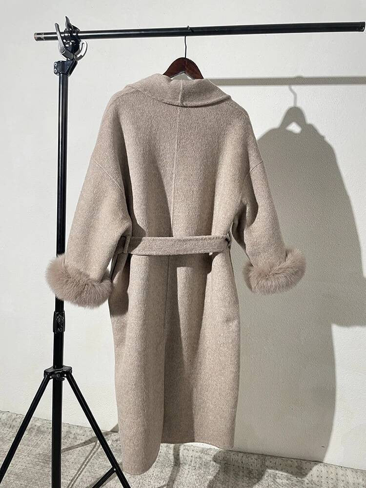 [EWQ] Wool Fox Fur Sleeve Women Coat Elegant Clothing Autumn 2025 Winter Double-sided Jacket Big Size Wine Red Overcoats 16O2751