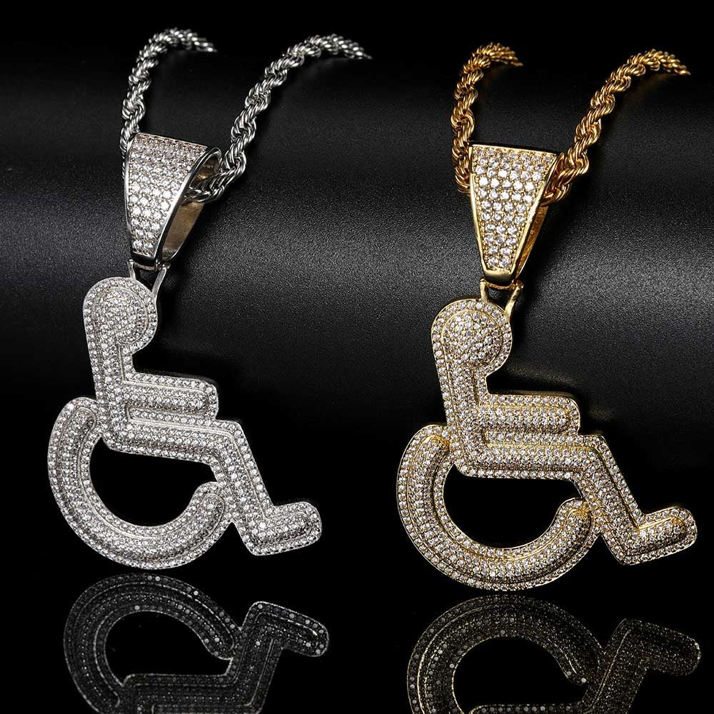 Iced out Copper Zircon Charm Pendant Men Women Hip Hop Jewelry Wheelchair Logo Personality Pendant Necklace Bling