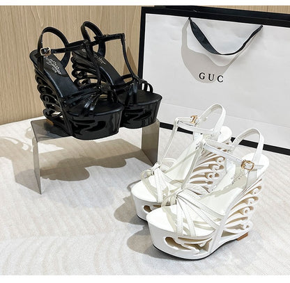 2022 New High Heels Women Pumps Thick Platform Buckle Strap Nightclub Shoes Catwalk Model Show 14.5CM Hollow Out Wedge Sandals