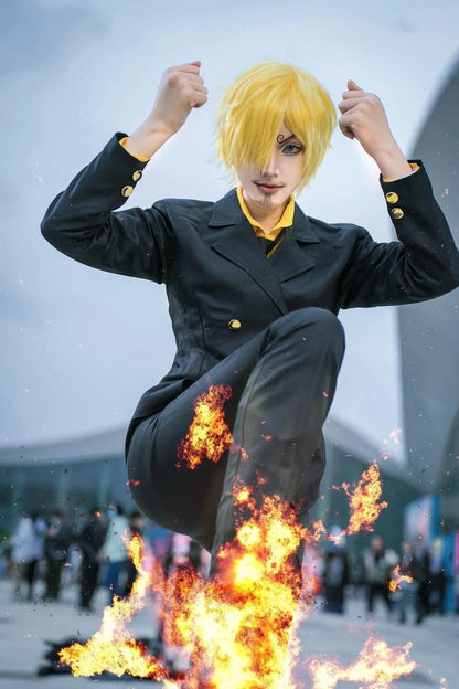 Anime One Sanji Piece Cosplay Costume Blue Yellow Shirt Suit Uniforms Full Set Halloween Party Role Play Outfit for Adult Men