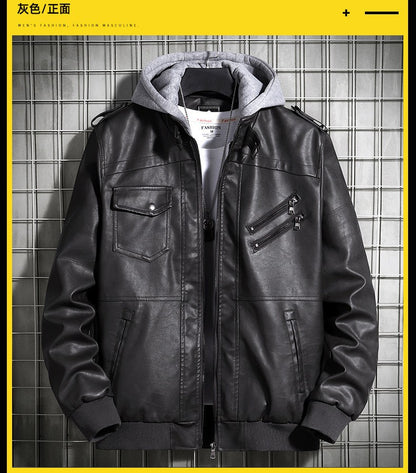 Hooded Leather Jacket Men's Jacket Winter PU Leather Coat Teenage Jackets Men's Motorcycle Leather Coat Harajuku