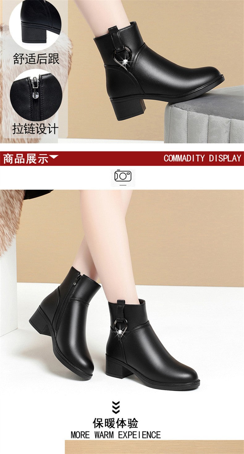 Women's Winter Waterproof Fashion Soft Leather Ankle Boots Mom Thick Plush Warm Cotton Shoes Thick Heel Platform Boots