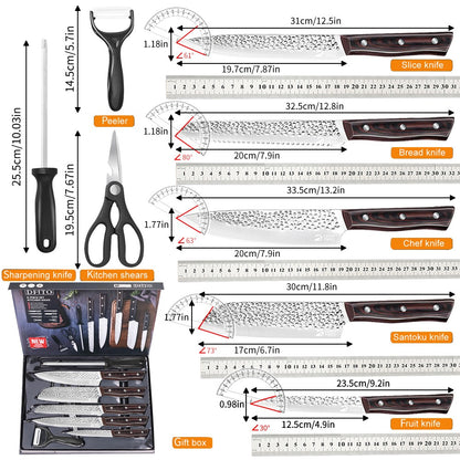 ZENG 8pcs Chef Knife Kitchen Knives Set Hammer Pattern Sharp Cutting Blade Meat Salmon Slicing Knives Santoku Knives Kitchen