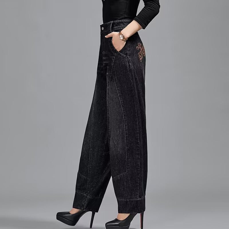 Autumn Winter High Waisted Women Jeans Casual Loose Embroidery Bloomers Trousers Female Fashion Wide Leg Denim Pants Blue