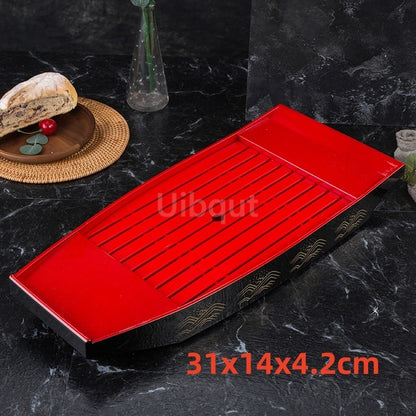 Black red sushi sashimi boat ice food seafood plate salmon sashimi tray Creative Japanese food container sushi barrel decor boat