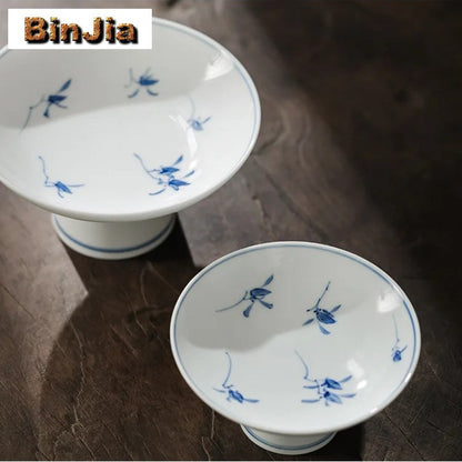 Pure Hand-painted Butterfly Orchid Fruit Plate, Dehua White Porcelain Tea Snack Living Room Table, High Footed Fruit Snack Plate