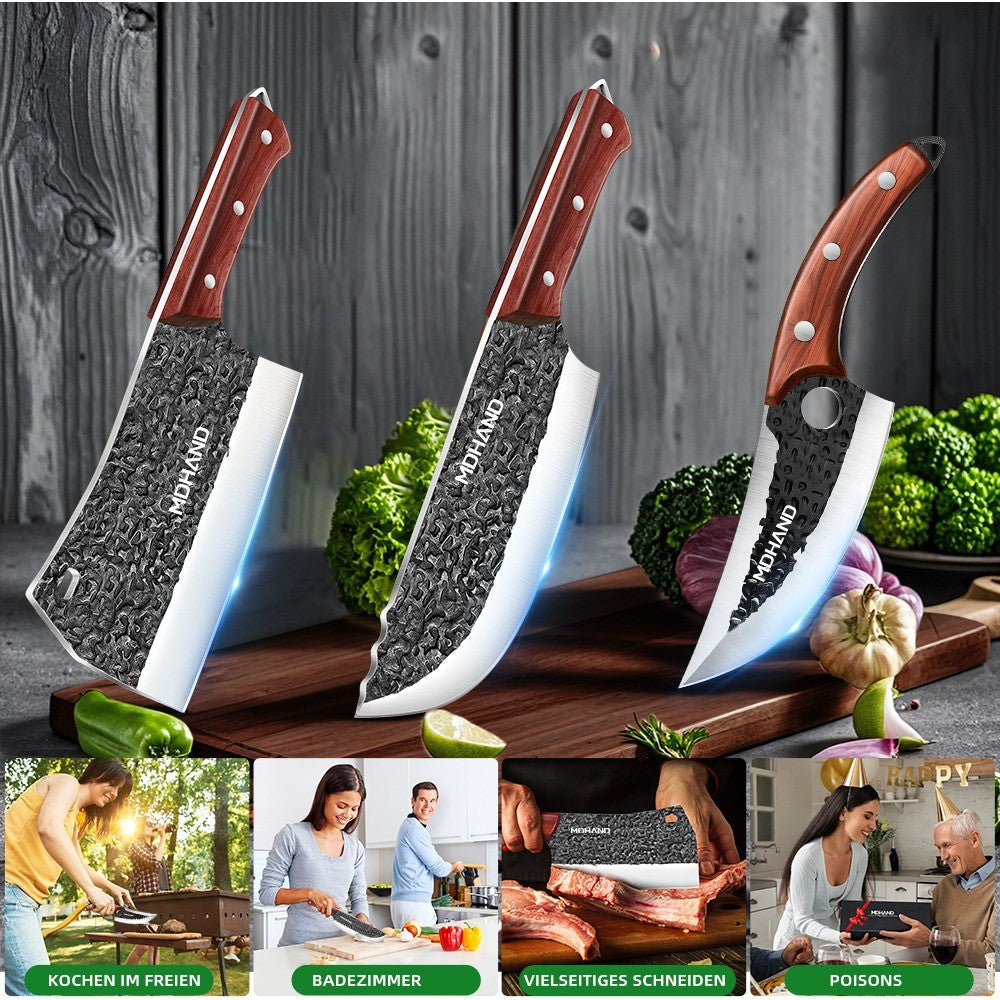 ZENG 4pcs Forged Kitchen Knives Meat Vegetable Hammered Style Chopper Red Sandalwood Handle Stainless Steel Bone Cutting Knife