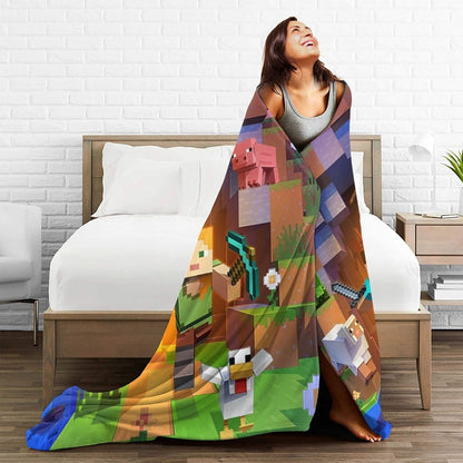 Cartoon Mines Pixel Game Crafts Flannel Blanket Super Warm Throw Blanket for Home Decor Decorative Street Trend Bedspread
