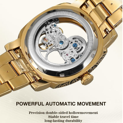 FORSINING High-end Luxury Gold Skeleton Mechanical Man Watch Automatic Movement Clock Stainless Steel Male Bronze Wrist Watches