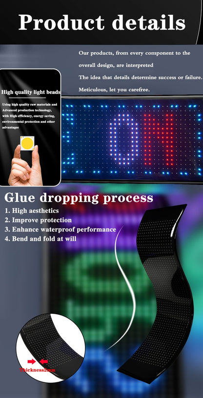 Painel de Pixels LED Flexível para Caminhão, Olhos de LED Brilhantes com Rolagem, Sinal de Carro LED USB com Controle Bluetooth por Aplicativo DIY