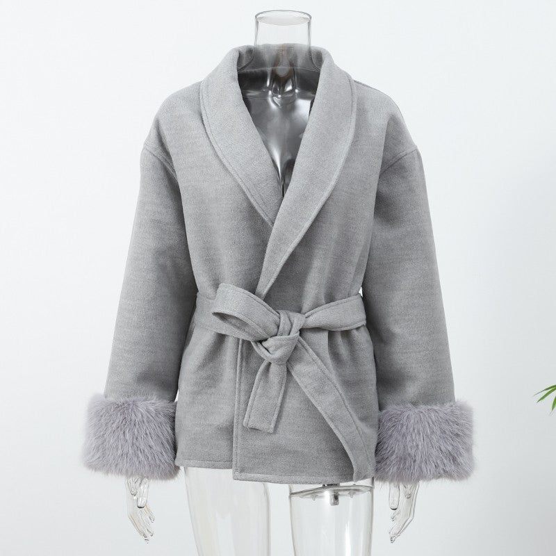 Casacos Curtos de Lã Elegantes com Cadarço Sólido Lapela Solta Cinto Peludo Manga Longa Jaqueta Feminina 2025 Outono Inverno Lady Chique Cardigãs