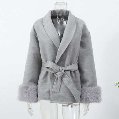 Casacos Curtos de Lã Elegantes com Cadarço Sólido Lapela Solta Cinto Peludo Manga Longa Jaqueta Feminina 2025 Outono Inverno Lady Chique Cardigãs