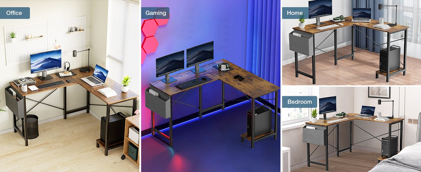 JHK Gaming Corner 50 Inch Office Writing PC Wooden Table with CPU Storage Shelf & Side Bag for Home Office Bedroom Small Space